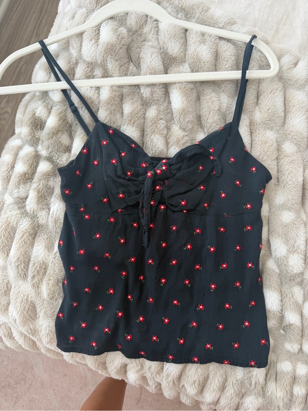 Brandy Melville Black Cami with Red Floral Embroidery